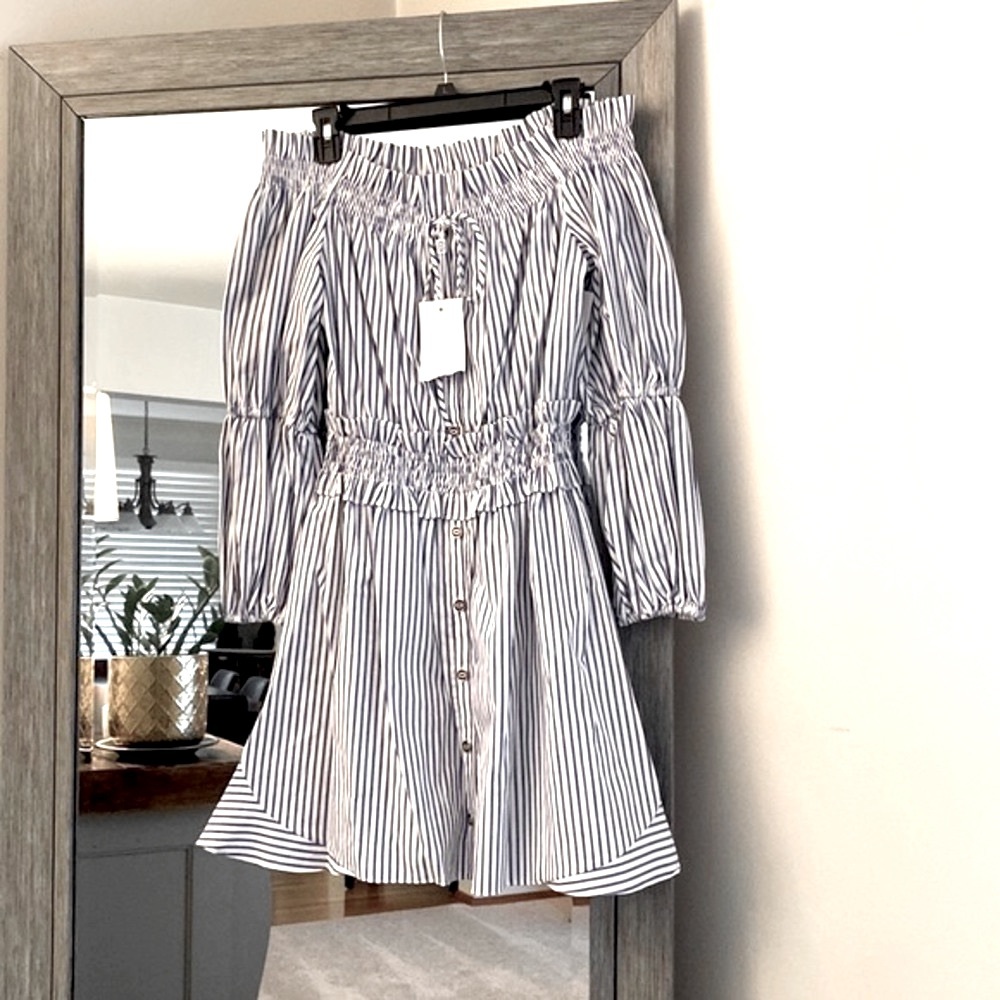 Caroline Constas, L, off the shoulder peasant dress, royal blue stripe, NWT!!